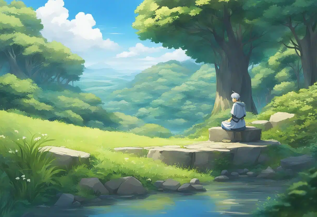 A stoic figure contemplates virtue amidst serene natural surroundings