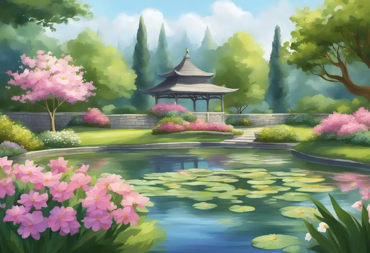 A serene garden with blooming flowers and a peaceful pond, evoking a sense of tranquility and contentment