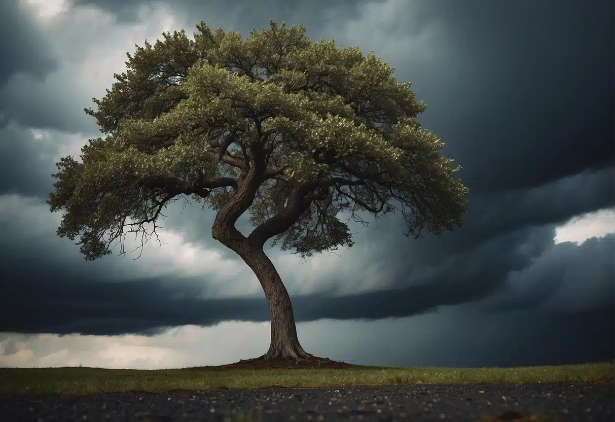 A lone tree stands strong against a stormy sky, its branches bending but not breaking