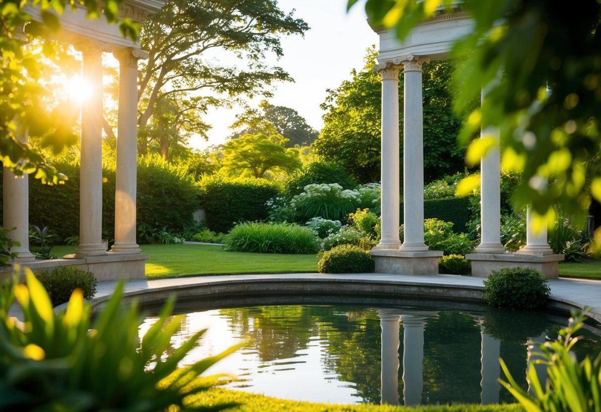 Quais os pilares do estoicismo? Fundamentos essenciais da filosofia antiga para a vida moderna 8 Um jardim sereno com colunas de pedra e um lago tranquilo, cercado por vegetação exuberante e banhado pela luz do sol quente.
