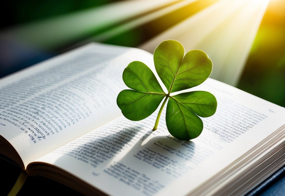 O que é sorte na filosofia? Uma análise dos conceitos de acaso e fortuna no pensamento filosófico 8 Um trevo de quatro folhas cercado por um feixe de luz, projetando uma sombra em um livro aberto em uma página sobre filosofia