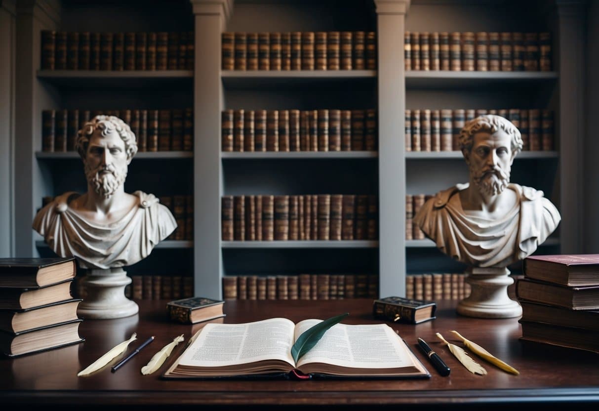 Quais livros Sêneca escreveu? Os principais trabalhos do filósofo estoico romano 9 Uma mesa com pergaminhos abertos e penas, cercada por estantes de textos antigos e bustos de filósofos romanos