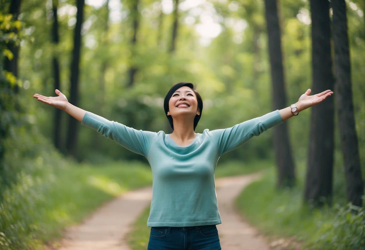 Não reclame, agradeça! 5 maneiras de cultivar a gratidão diária 8 Uma pessoa em pé em um ambiente natural pacífico, com os braços abertos e uma expressão de gratidão no rosto.