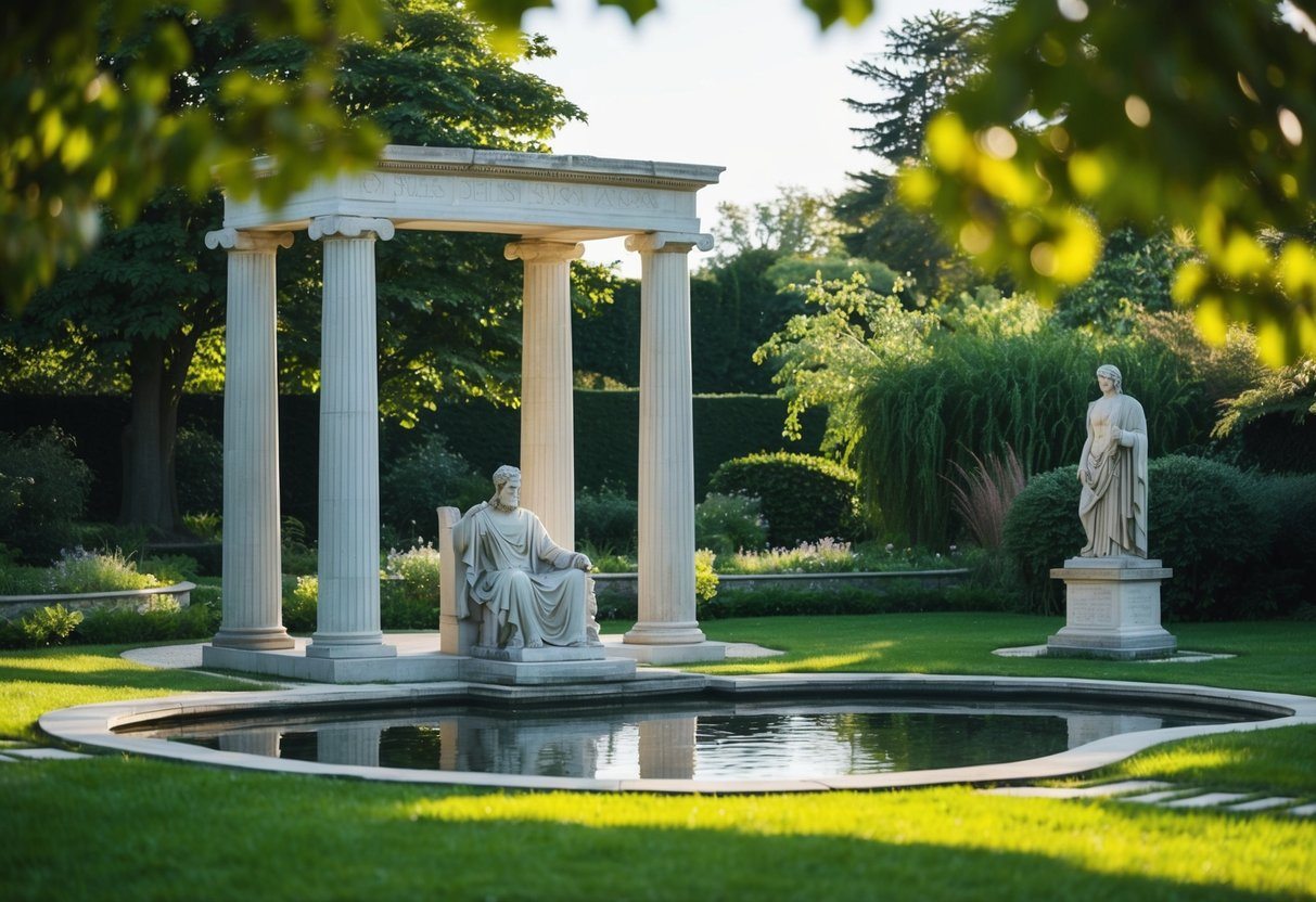 Sêneca era Estoico? A verdadeira filosofia do pensador romano 8 Sêneca está sentado em um jardim pacífico, cercado por símbolos estoicos, como uma coluna estoica, um lago sereno e uma estátua estoica.