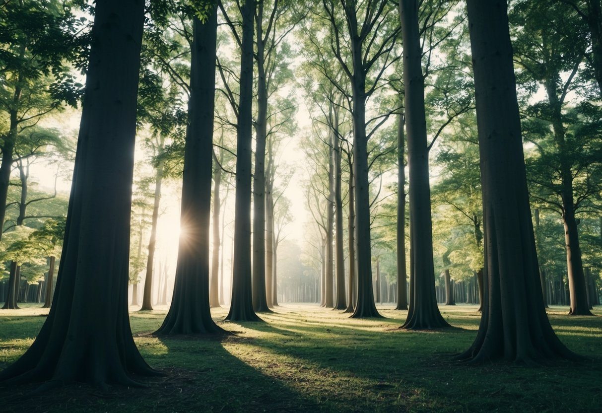 Filmes Estoicos: 7 Obras Cinematográficas que Ensinam Princípios do Estoicismo 8 Uma floresta serena com árvores altas e estoicas permanecendo em silêncio, seus galhos se estendendo em direção ao céu. A luz do sol filtra através das folhas, projetando sombras manchadas no chão da floresta.