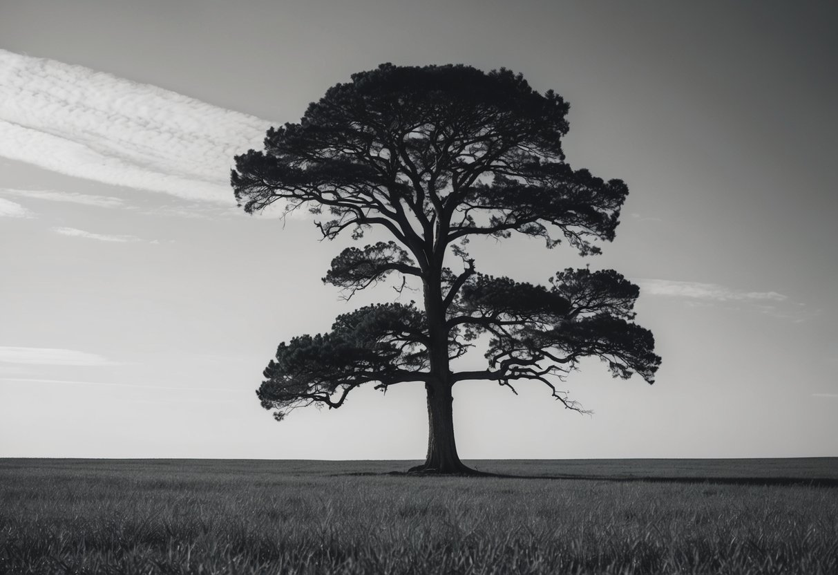 Para Ser Grande, Sê Inteiro: O Caminho para a Autenticidade Pessoal 8 Uma árvore alta e robusta está sozinha em um vasto campo aberto, com seus galhos se estendendo em todas as direções, projetando uma sombra no chão.