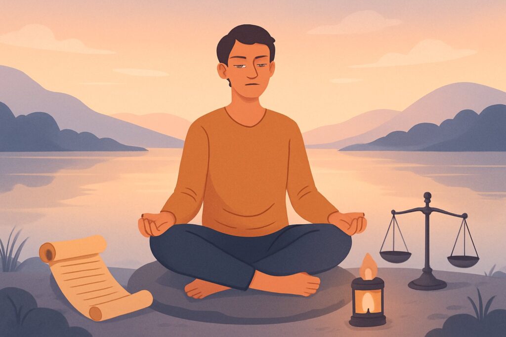 Pessoa sentada em posição de meditação à beira de um lago tranquilo ao amanhecer, com elementos simbólicos ao redor que representam força interior e aceitação.
