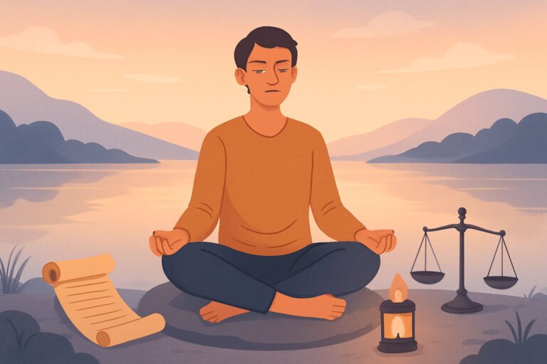 Pessoa sentada em posição de meditação à beira de um lago tranquilo ao amanhecer, com elementos simbólicos ao redor que representam força interior e aceitação.