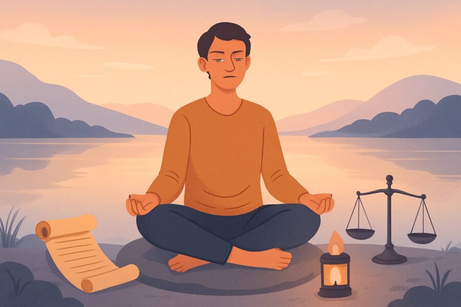 Pessoa sentada em posição de meditação à beira de um lago tranquilo ao amanhecer, com elementos simbólicos ao redor que representam força interior e aceitação.