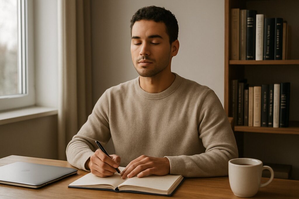 Como o Estoicismo pode ajudar no combate ao vício de Pornografia? 8 Pessoa jovem sentada em uma mesa próxima a uma janela, meditando ou escrevendo em um caderno, com expressão calma e ambiente tranquilo.
