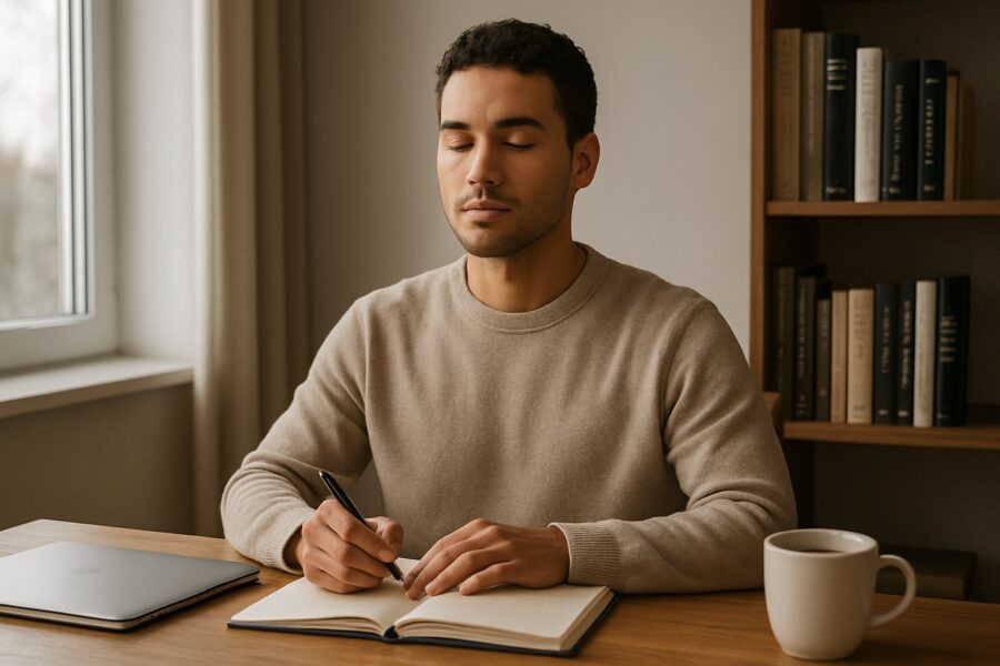 Pessoa jovem sentada em uma mesa próxima a uma janela, meditando ou escrevendo em um caderno, com expressão calma e ambiente tranquilo.