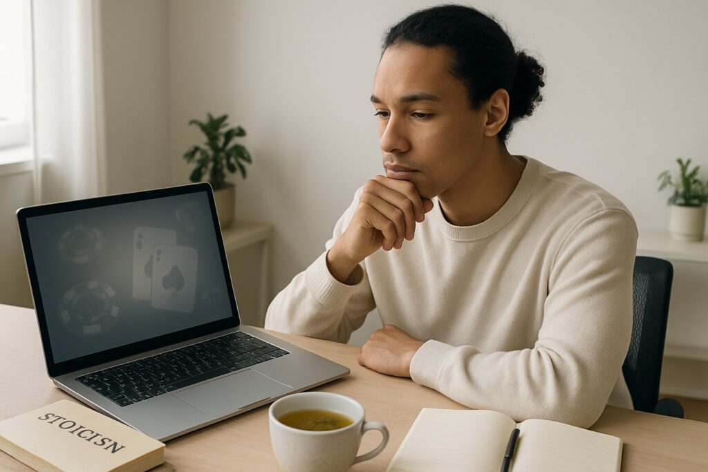 Como o Estoicismo pode ajudar a superar o vício em jogos online 8 Pessoa sentada em uma mesa moderna, olhando para um laptop com símbolos sutis de jogos online, ao lado de um livro fechado sobre estoicismo, em um ambiente claro e tranquilo.