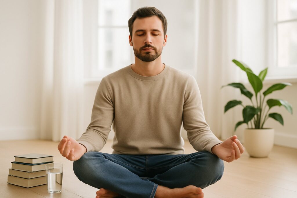 Como utilizar o estoicismo para vencer vício em drogas 8 Pessoa sentada em posição de meditação em um ambiente claro e tranquilo, transmitindo calma e foco.