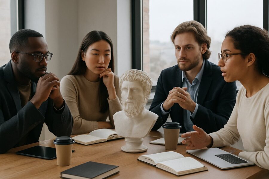 Grupo diverso de pessoas em uma sala moderna discutindo em torno de uma mesa com objetos como cadernos e xícaras, com uma estátua clássica de filósofo ao fundo.