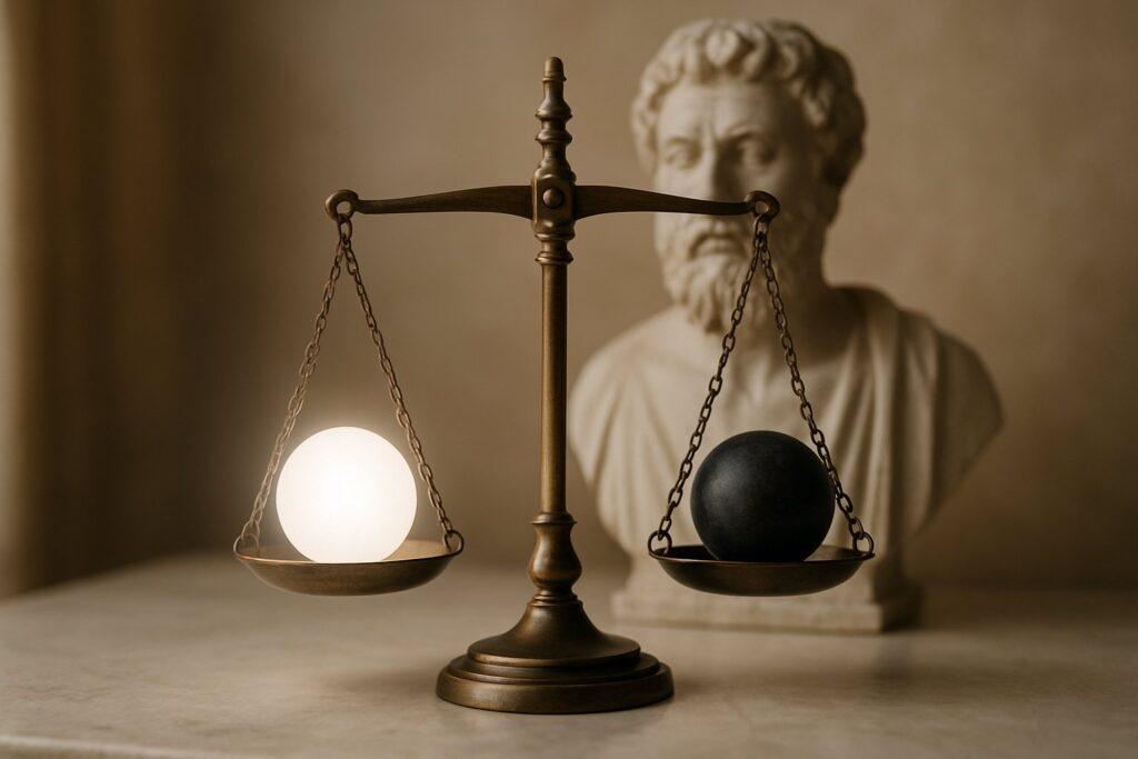 Uma balança equilibrada com uma esfera branca brilhante de um lado e uma esfera escura do outro, com uma estátua antiga de um filósofo estoico ao fundo.