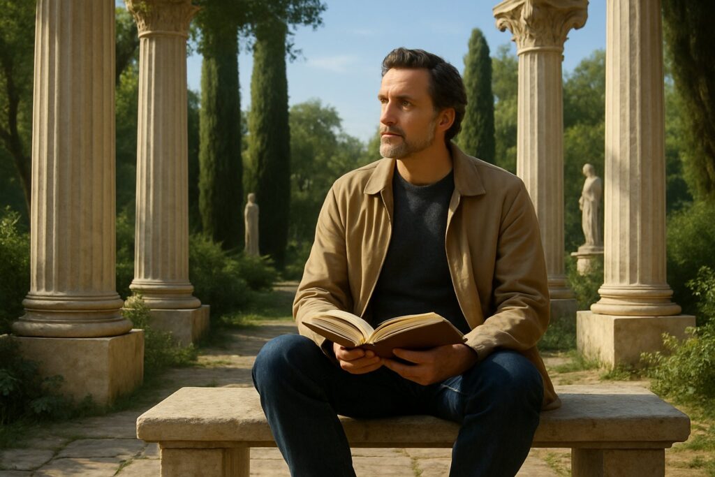 O estoicismo é uma religião? Diferenças, semelhanças e essência 8 Homem pensativo sentado em um jardim antigo com colunas de mármore, segurando um livro aberto e olhando para o horizonte.